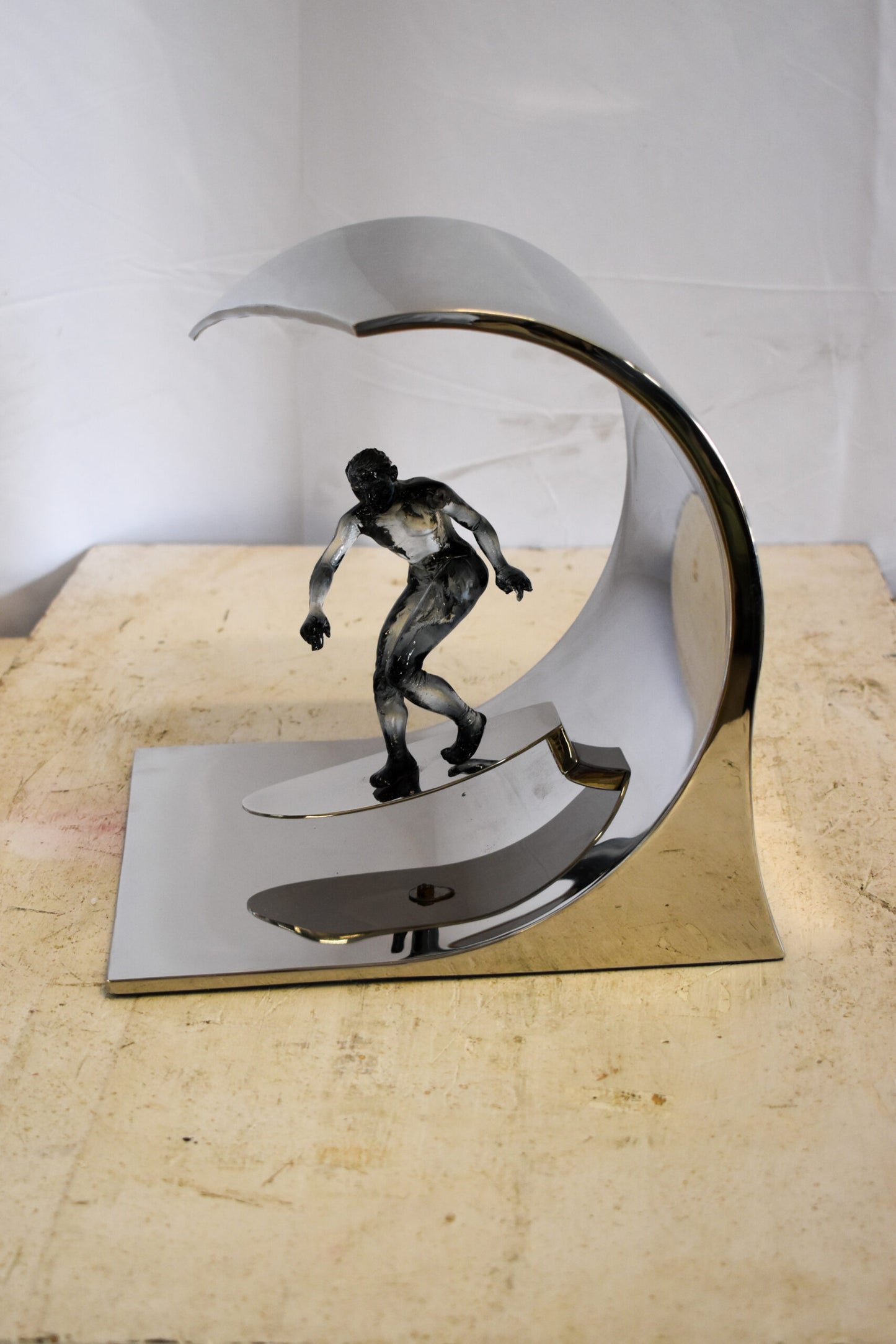 Modern Unique Stainless Steel Ocean Wave Surfer Statue 10" x 9" x 11"H