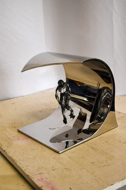 Modern Unique Stainless Steel Ocean Wave Surfer Statue 10" x 9" x 11"H