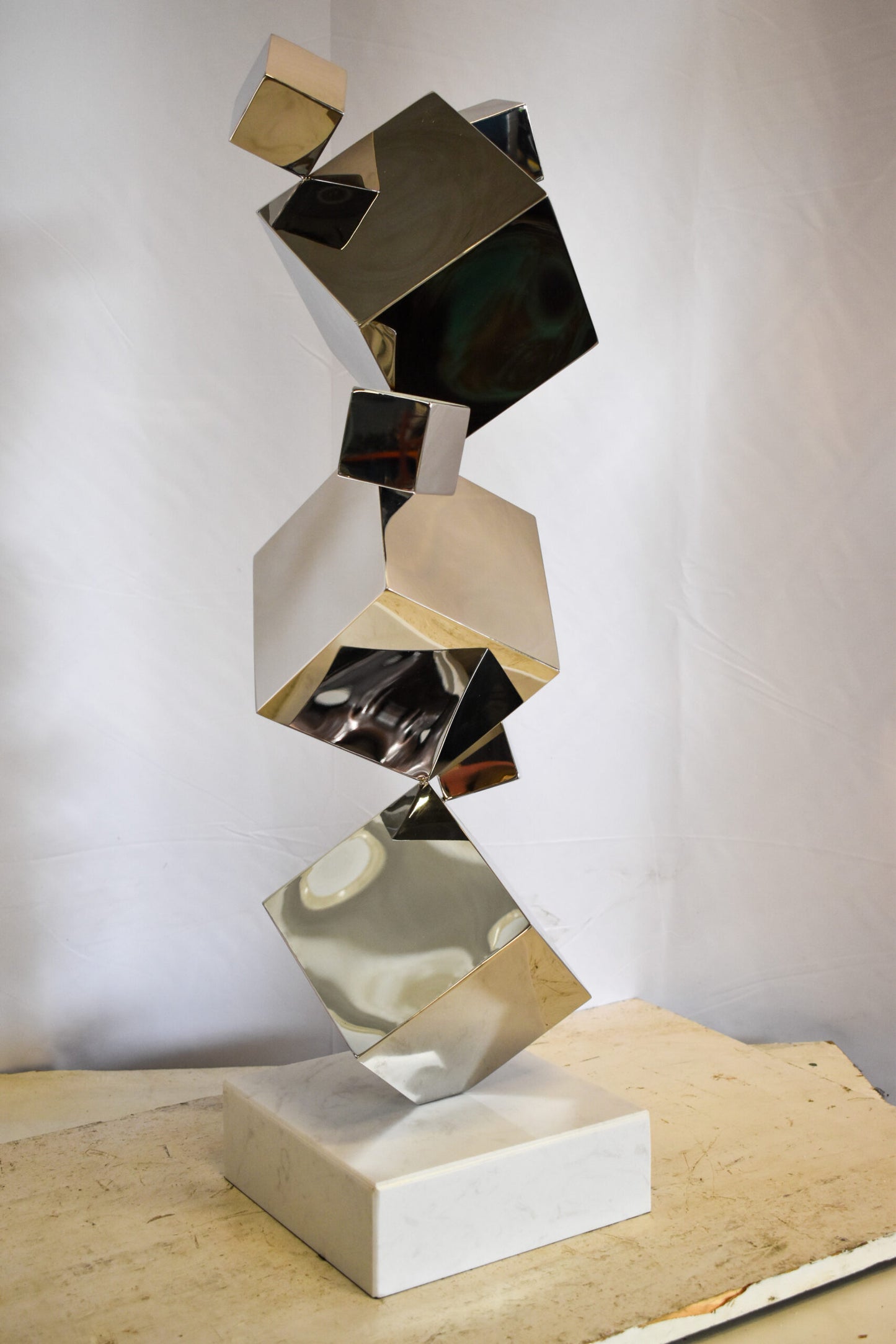 Abstruse Modern Stainless Steel Floating Cube Shapes Statue 9" x 11" x 33"H