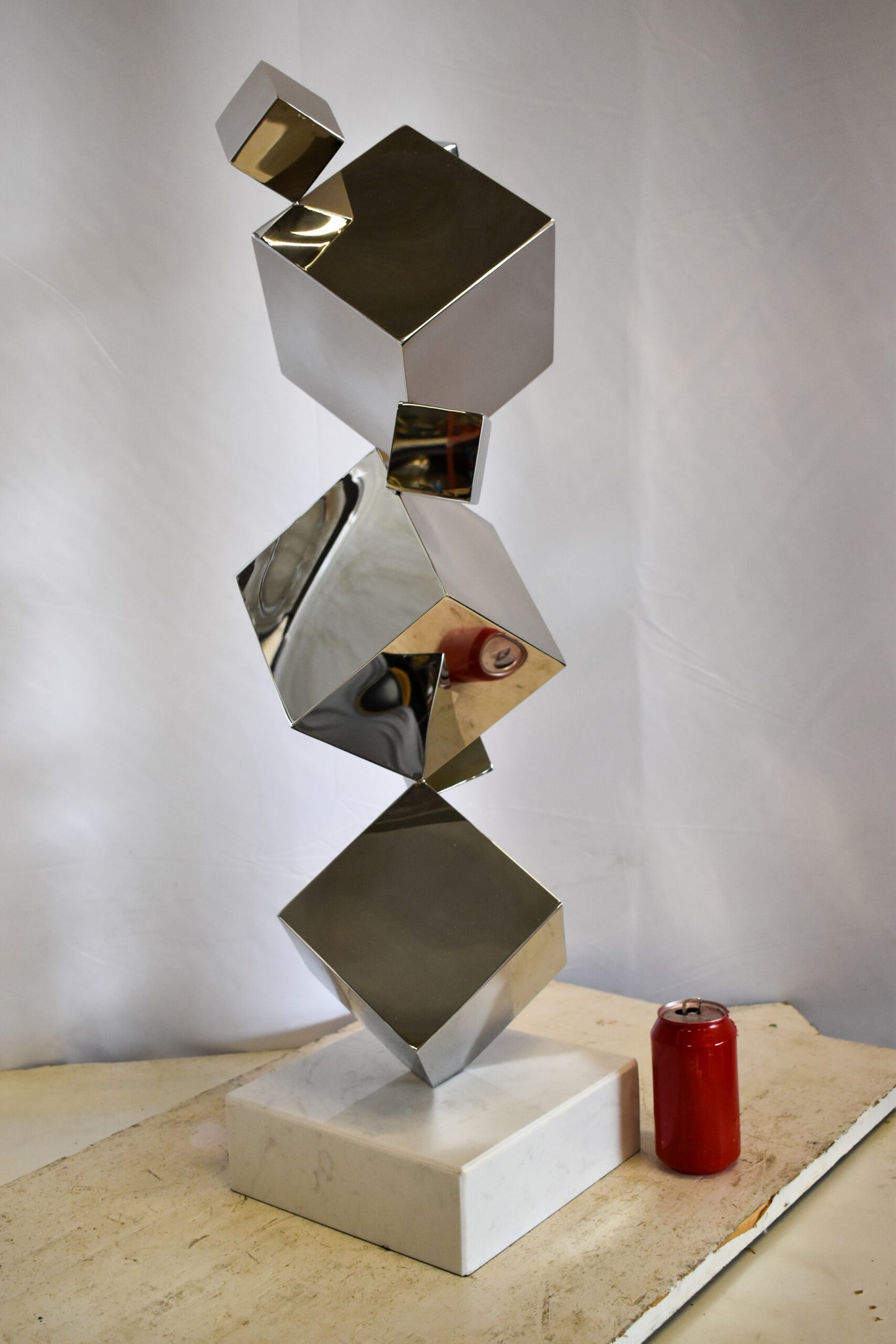 Abstruse Modern Stainless Steel Floating Cube Shapes Statue 9" x 11" x 33"H