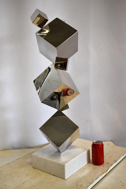 Abstruse Modern Stainless Steel Floating Cube Shapes Statue 9" x 11" x 33"H