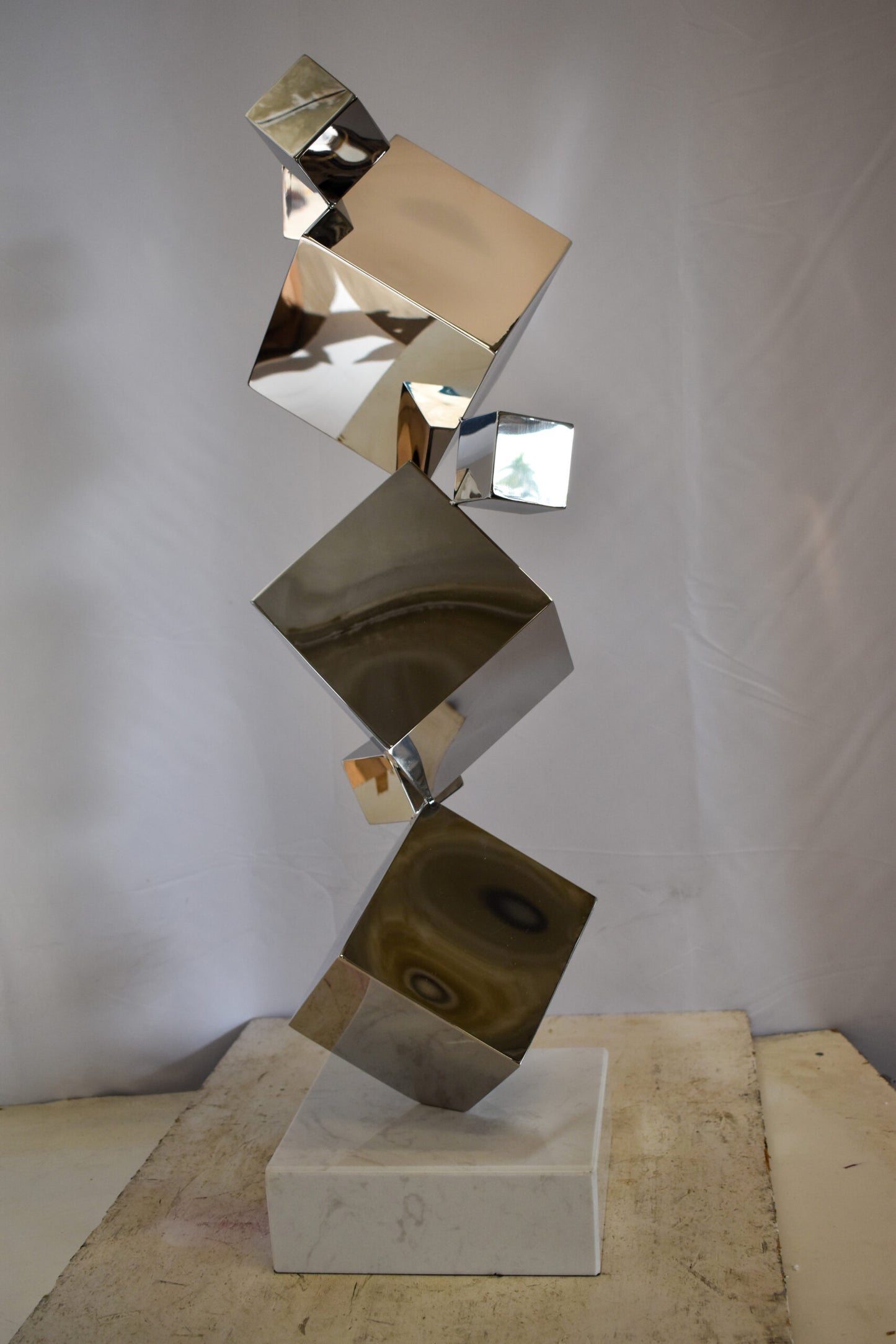 Abstruse Modern Stainless Steel Floating Cube Shapes Statue 9" x 11" x 33"H