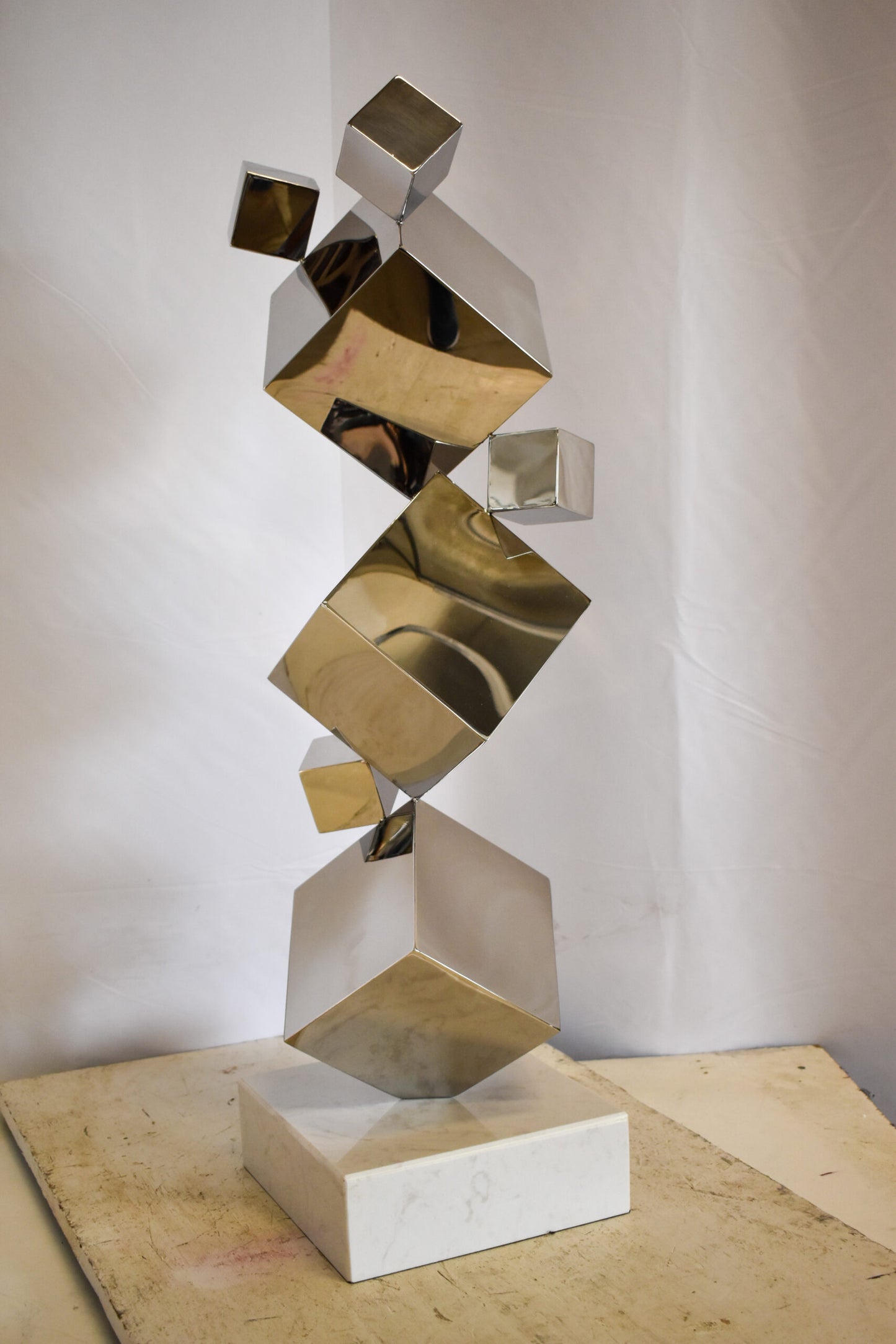 Abstruse Modern Stainless Steel Floating Cube Shapes Statue 9" x 11" x 33"H