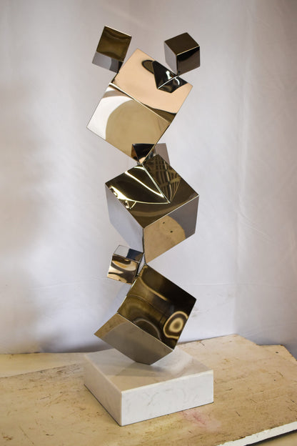 Abstruse Modern Stainless Steel Floating Cube Shapes Statue 9" x 11" x 33"H