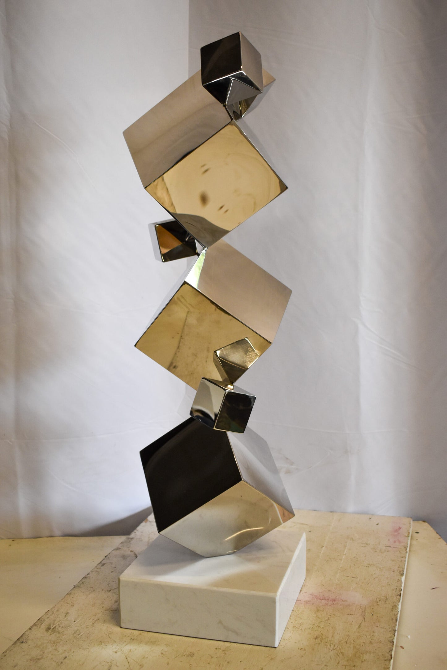 Abstruse Modern Stainless Steel Floating Cube Shapes Statue 9" x 11" x 33"H