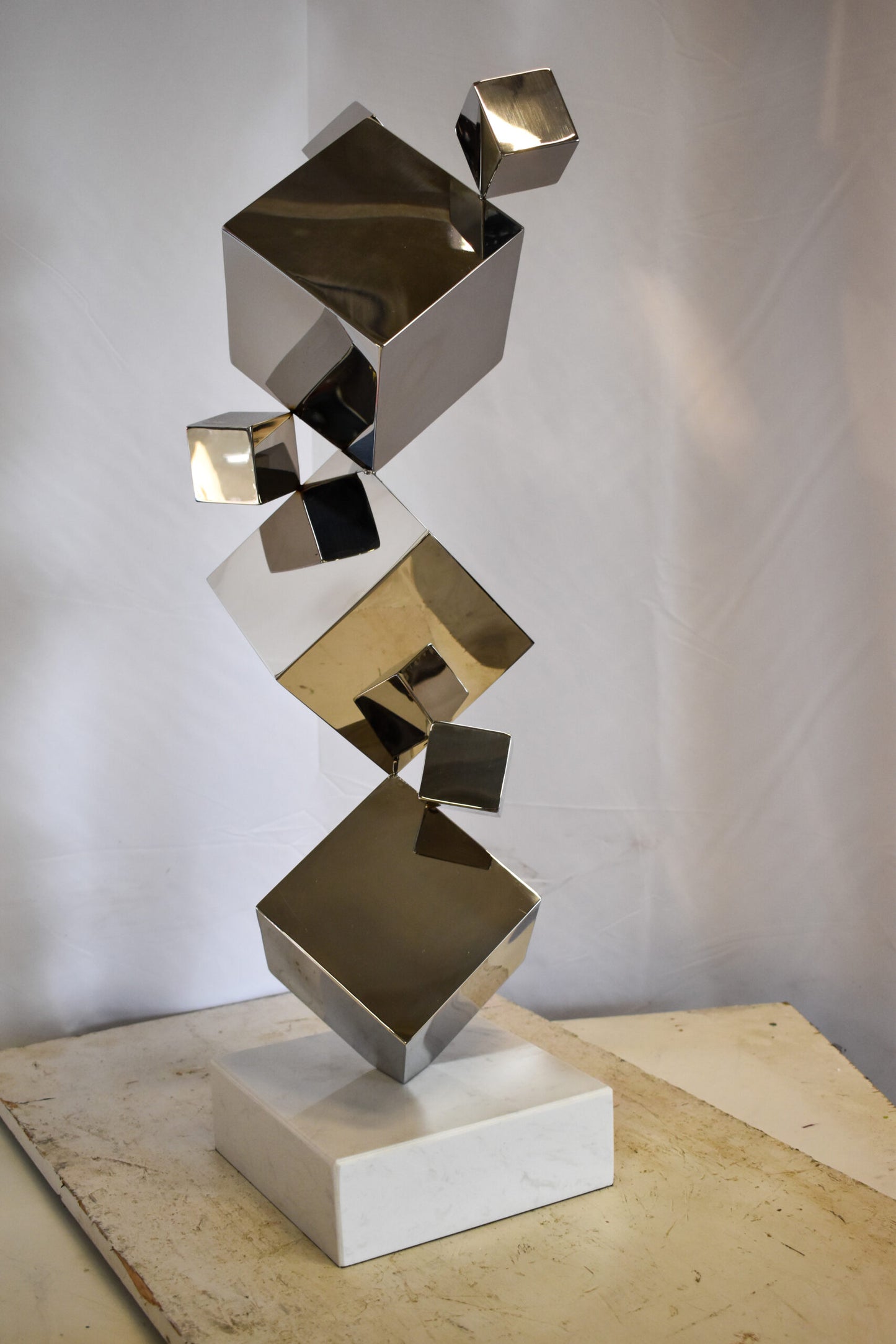 Abstruse Modern Stainless Steel Floating Cube Shapes Statue 9" x 11" x 33"H