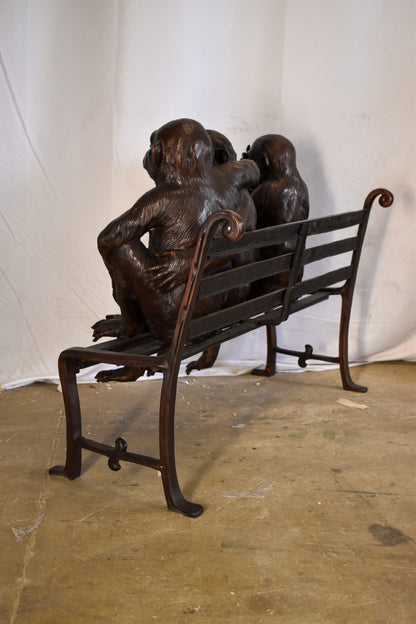 Three Emotional Monkeys on Bench Bronze Statue  57" x 20" x 43"H