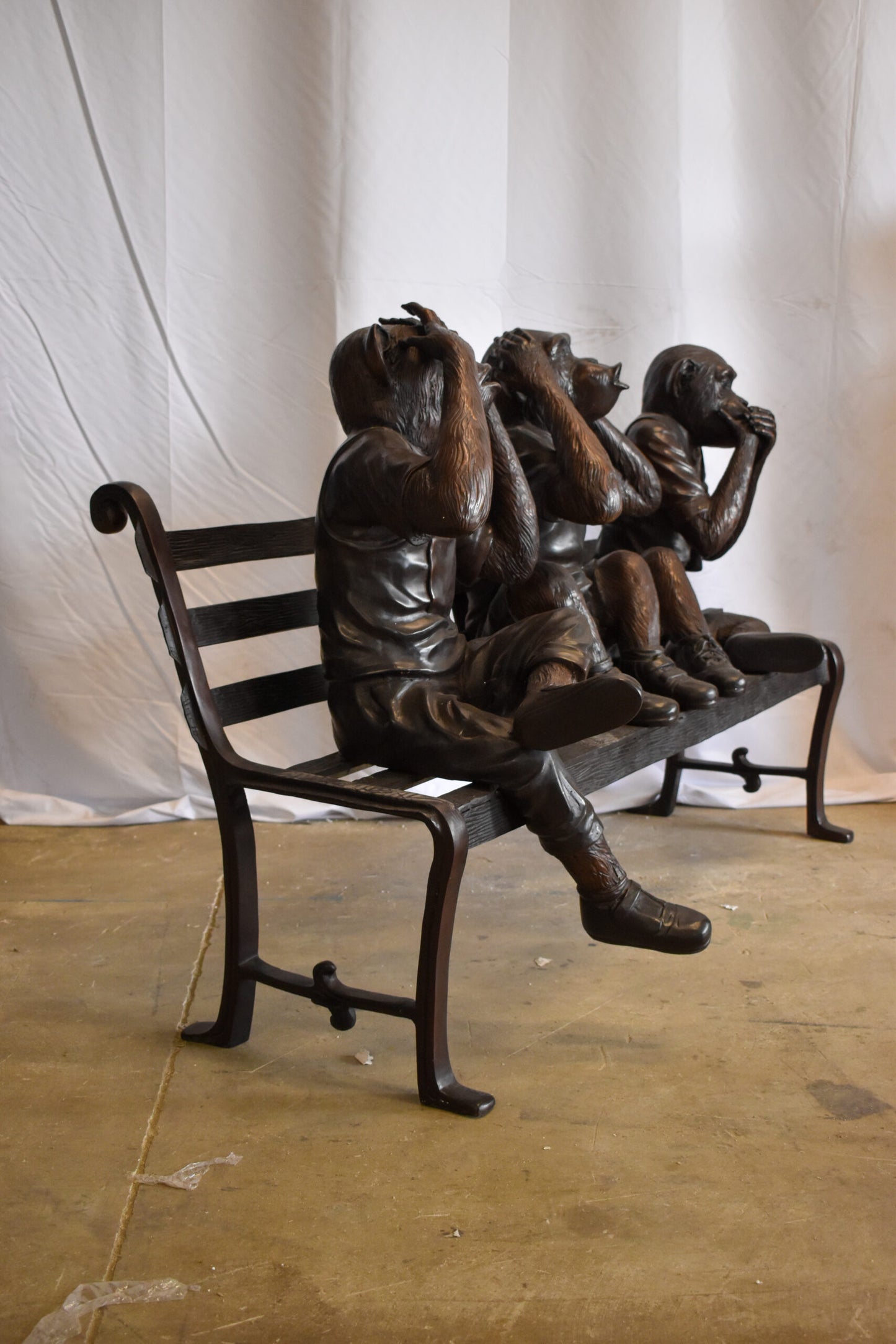 Three Comedic Monkeys on a bronze Bench, Say, Hear, See no Evil 57" x 20" x 43"H
