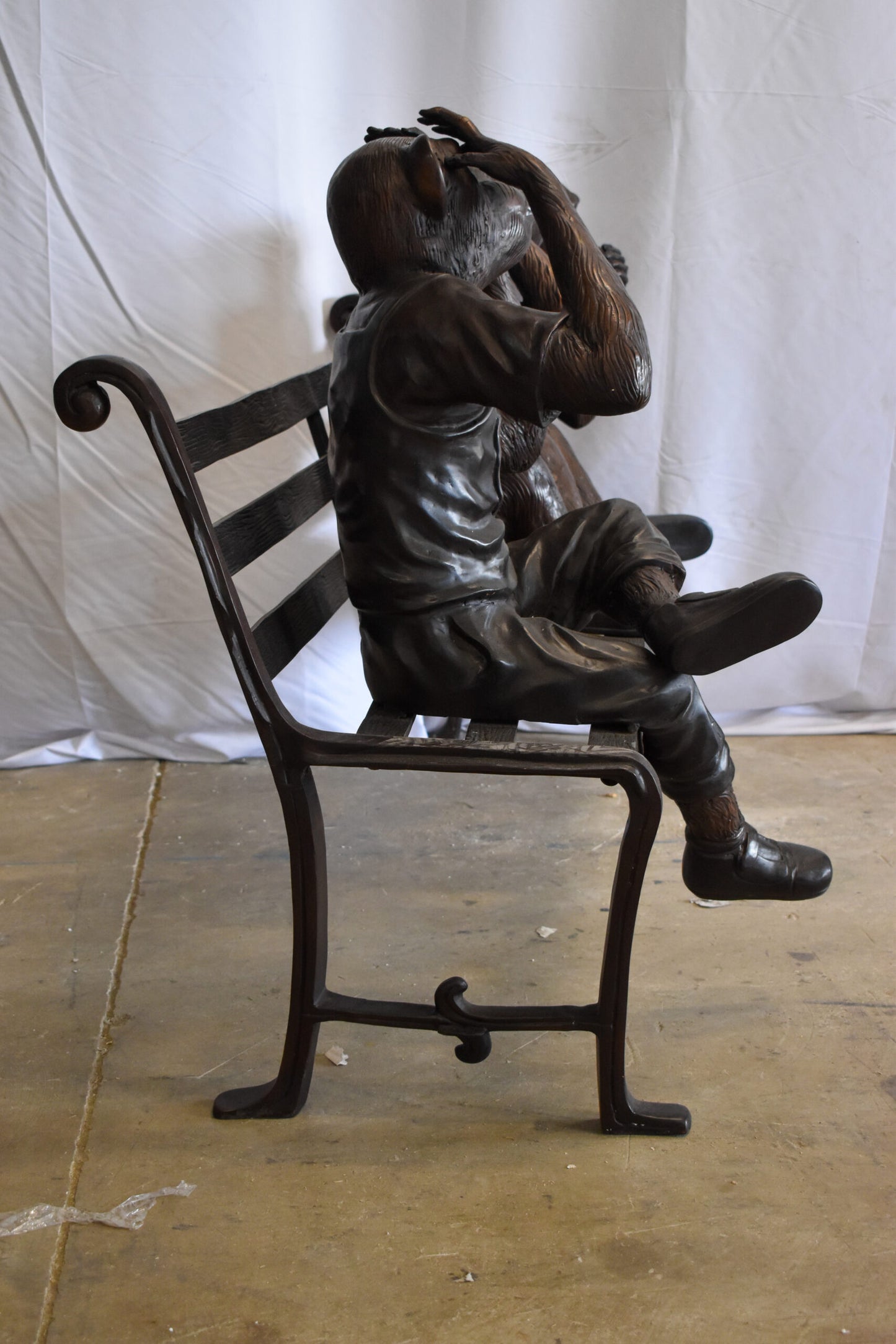 Three Comedic Monkeys on a bronze Bench, Say, Hear, See no Evil 57" x 20" x 43"H