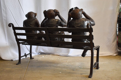 Three Comedic Monkeys on a bronze Bench, Say, Hear, See no Evil 57" x 20" x 43"H