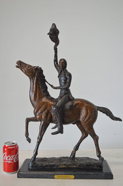 Buffalo Signal, a Frederic Remington Replica Bronze Statue - 19" x 6" x 25"H