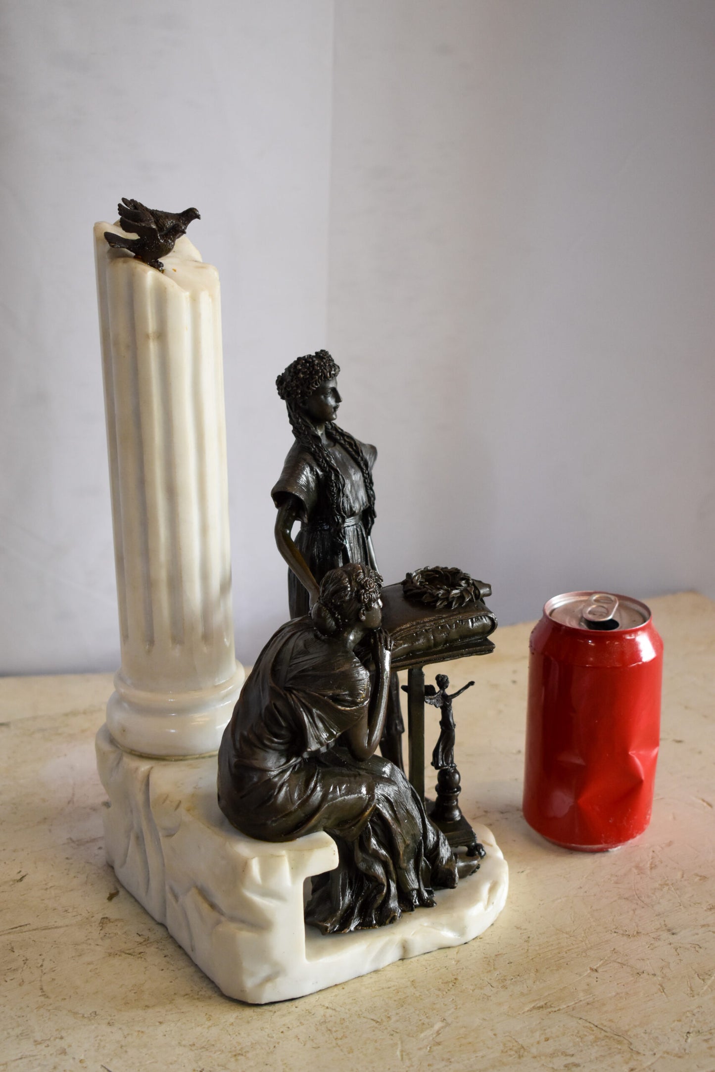 Two Pensive Goddesses by Marbe Pillar Bronze Statue  8" x 8" x 13"H