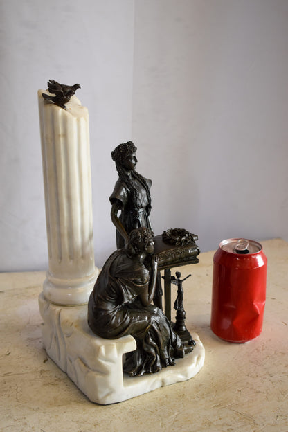 Two Pensive Goddesses by Marbe Pillar Bronze Statue  8" x 8" x 13"H
