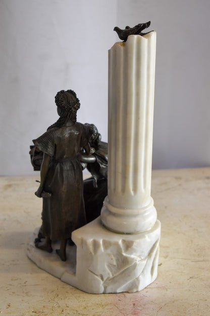 Two Pensive Goddesses by Marbe Pillar Bronze Statue  8" x 8" x 13"H