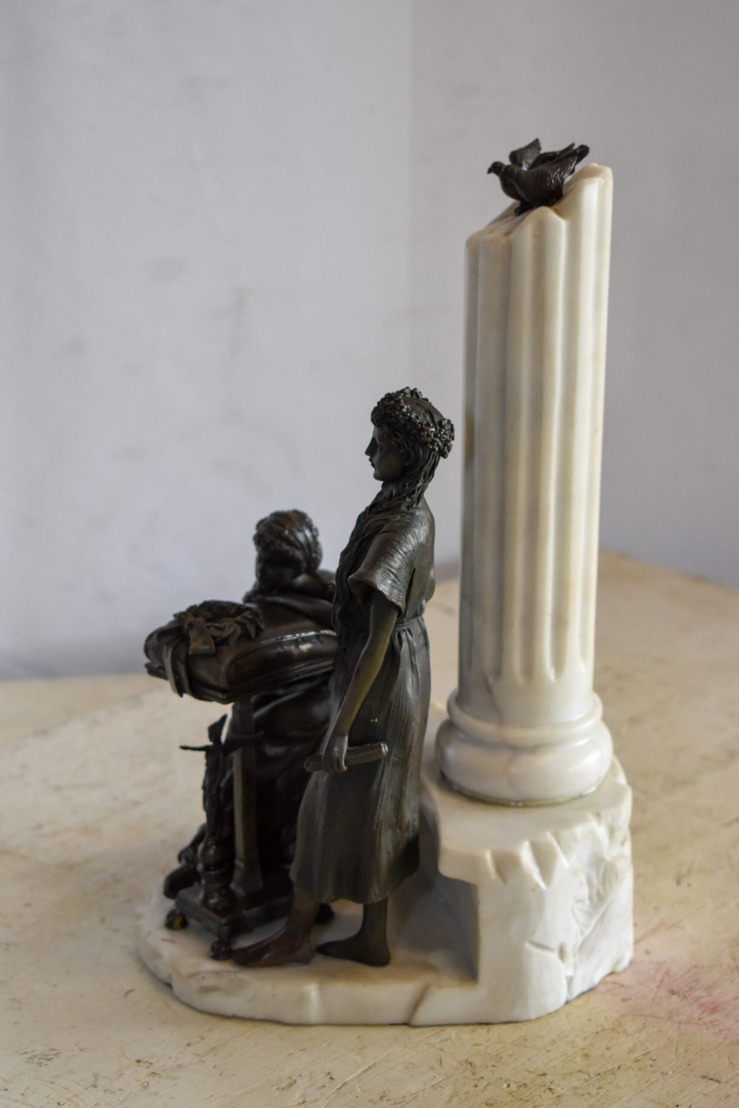 Two Pensive Goddesses by Marbe Pillar Bronze Statue  8" x 8" x 13"H
