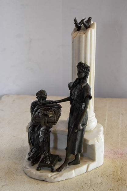 Two Pensive Goddesses by Marbe Pillar Bronze Statue  8" x 8" x 13"H