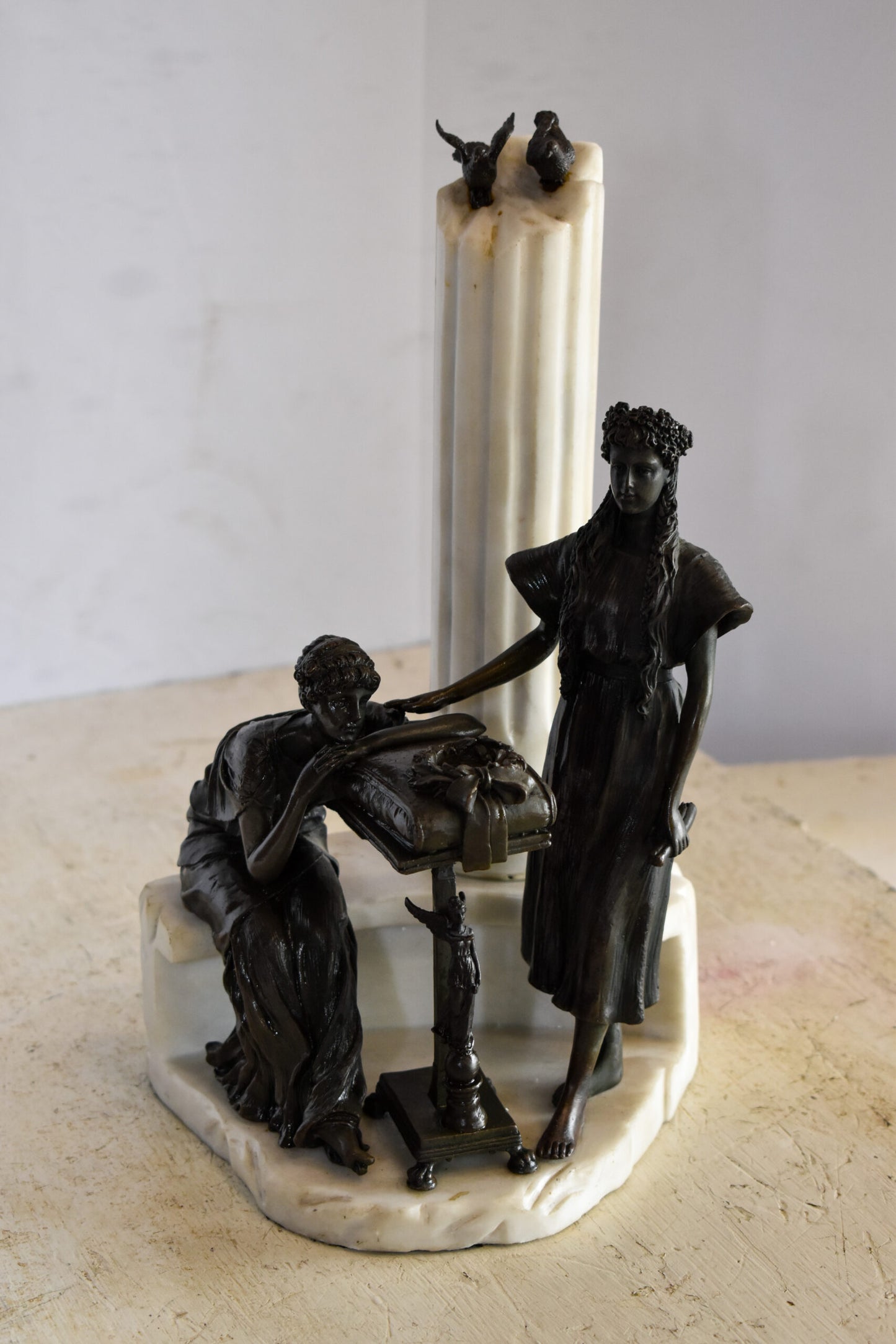 Two Pensive Goddesses by Marbe Pillar Bronze Statue  8" x 8" x 13"H