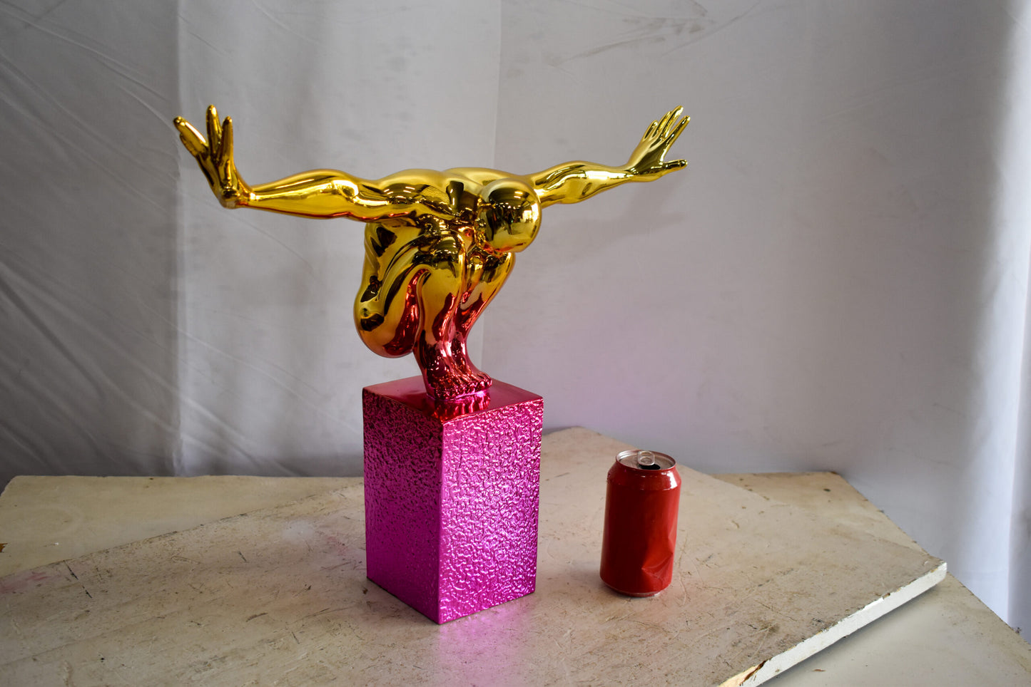 Olympian Stanced Man on Patterned Pink Chrome Base Resin Statue 20" x 8" x 17"H