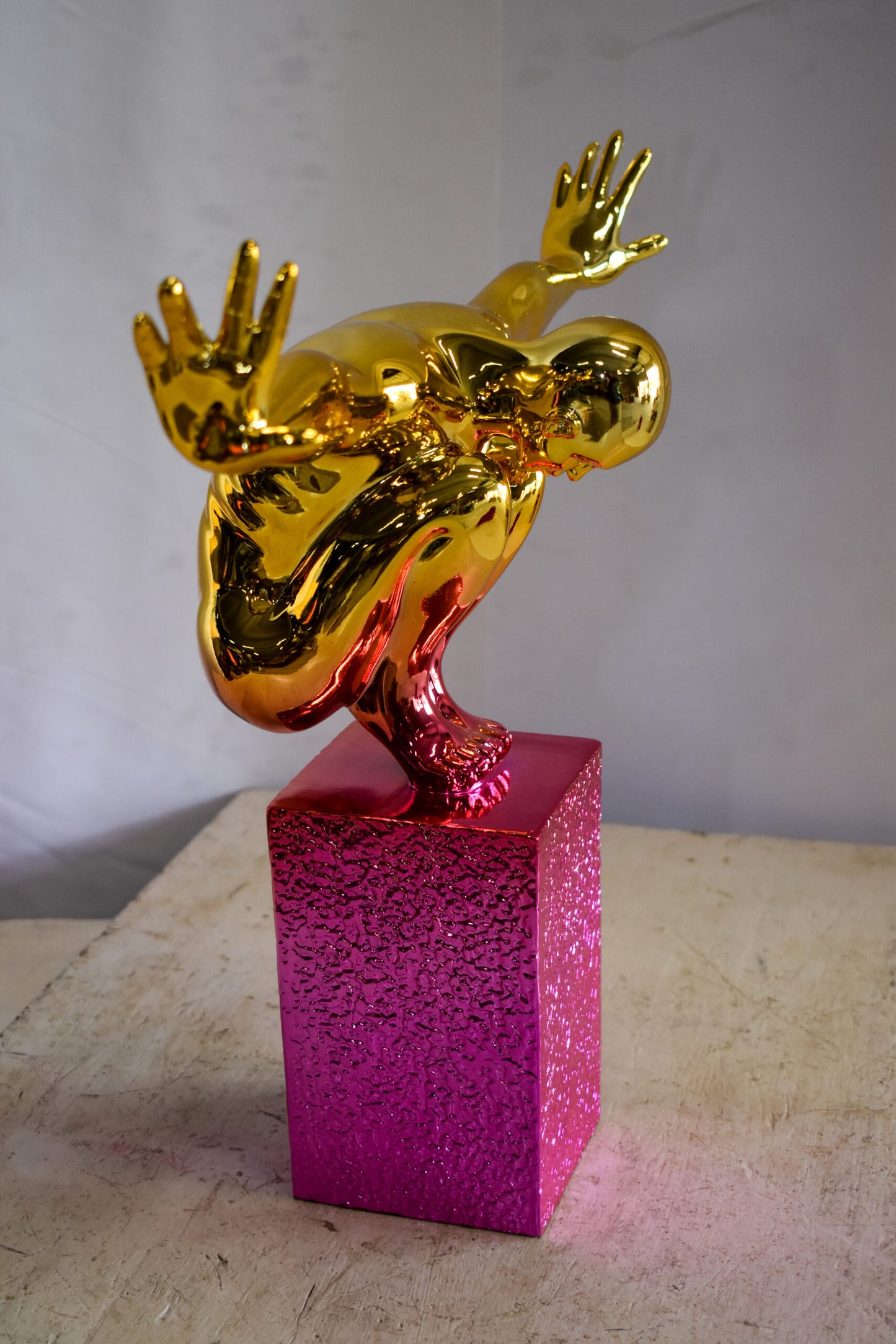 Olympian Stanced Man on Patterned Pink Chrome Base Resin Statue 20" x 8" x 17"H