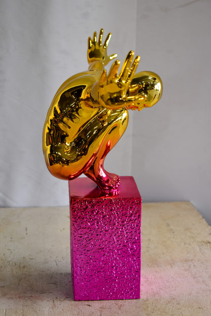 Olympian Stanced Man on Patterned Pink Chrome Base Resin Statue 20" x 8" x 17"H