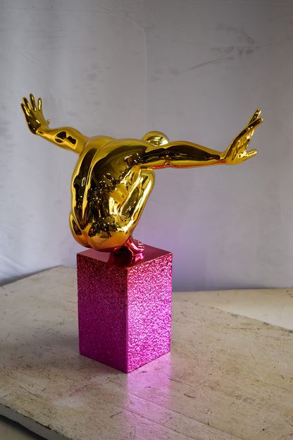 Olympian Stanced Man on Patterned Pink Chrome Base Resin Statue 20" x 8" x 17"H