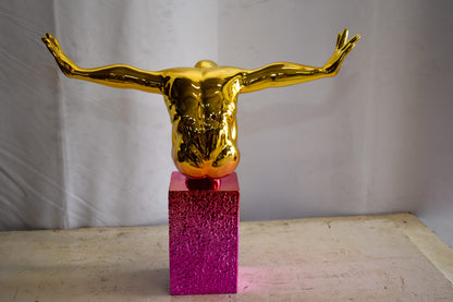 Olympian Stanced Man on Patterned Pink Chrome Base Resin Statue 20" x 8" x 17"H