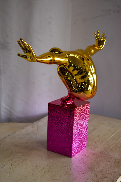 Olympian Stanced Man on Patterned Pink Chrome Base Resin Statue 20" x 8" x 17"H