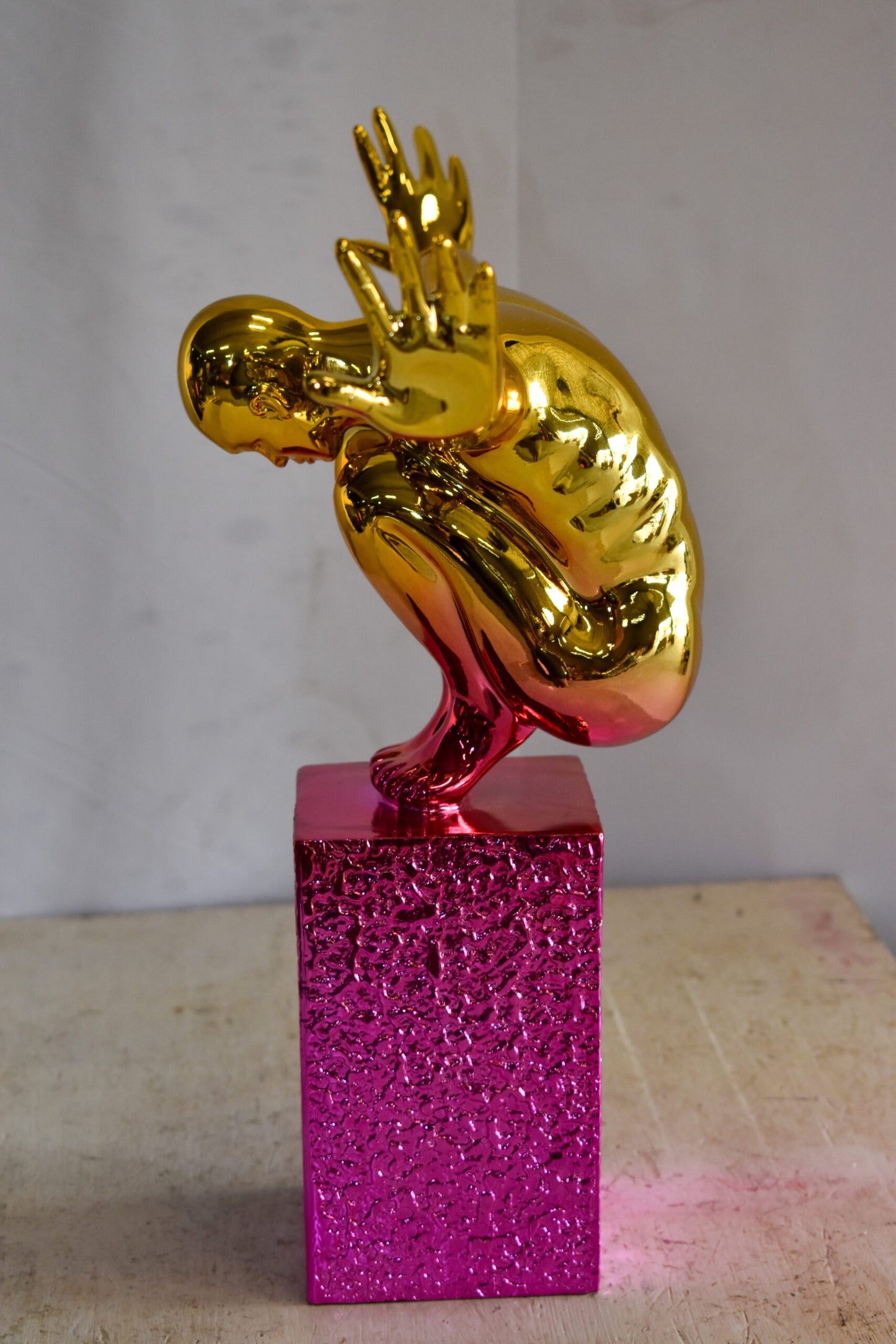 Olympian Stanced Man on Patterned Pink Chrome Base Resin Statue 20" x 8" x 17"H