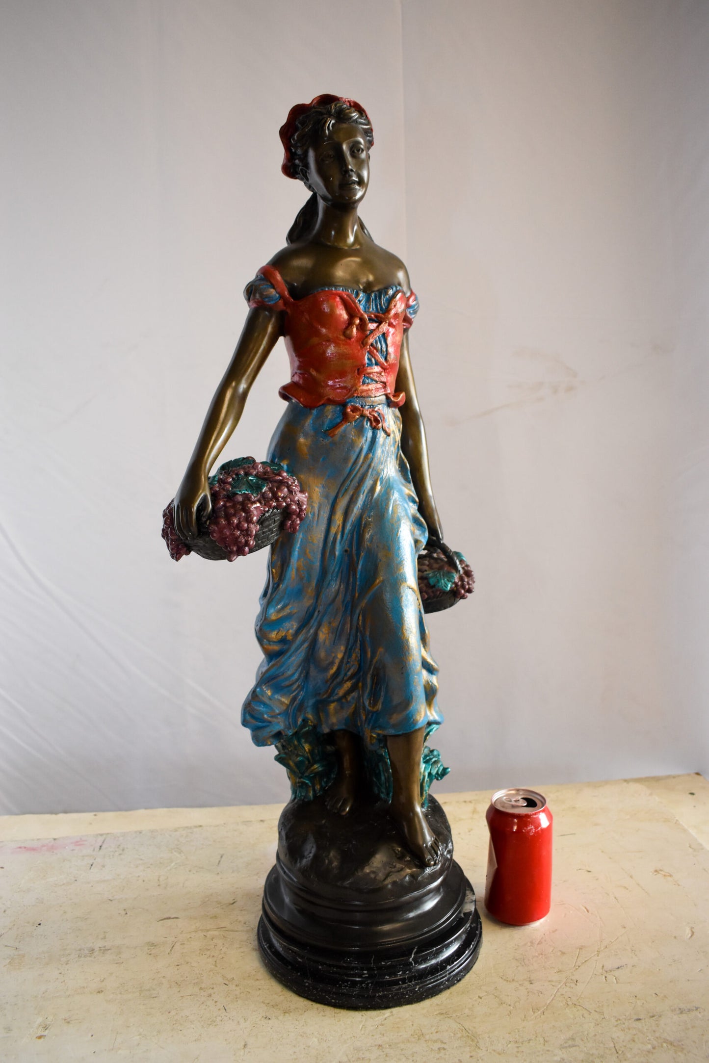 Tranquil Woman Strolling With Fruit Baskets Bronze Statue 13" x 10" x 30"H
