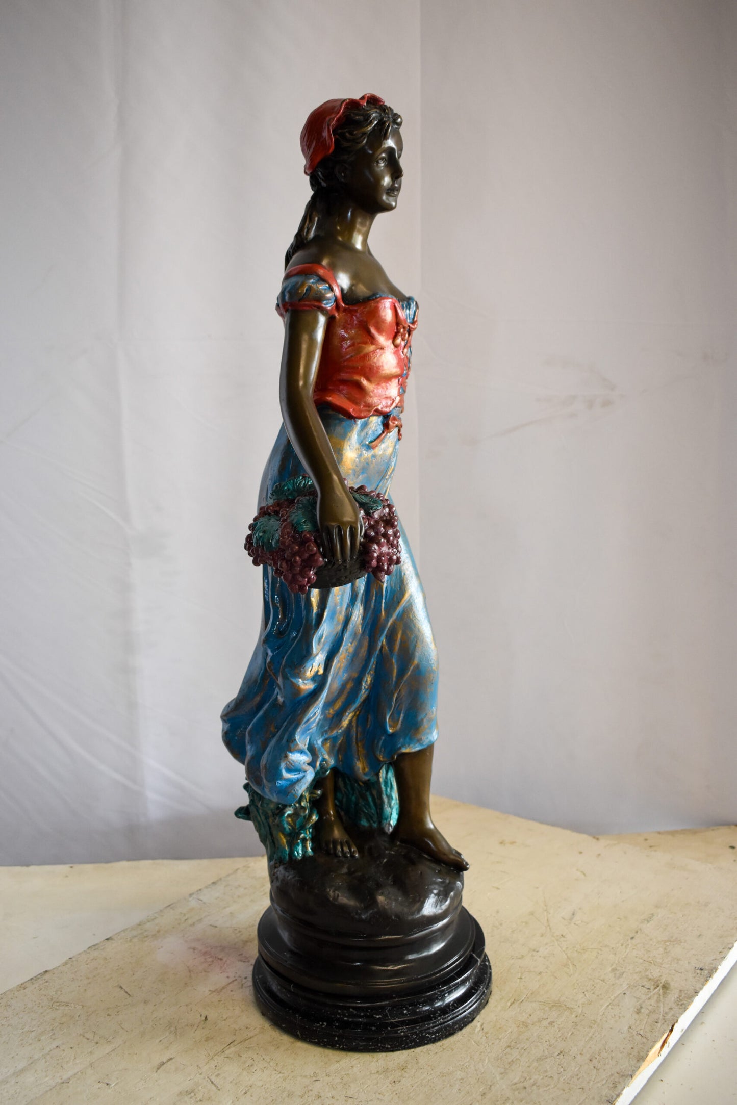 Tranquil Woman Strolling With Fruit Baskets Bronze Statue 13" x 10" x 30"H