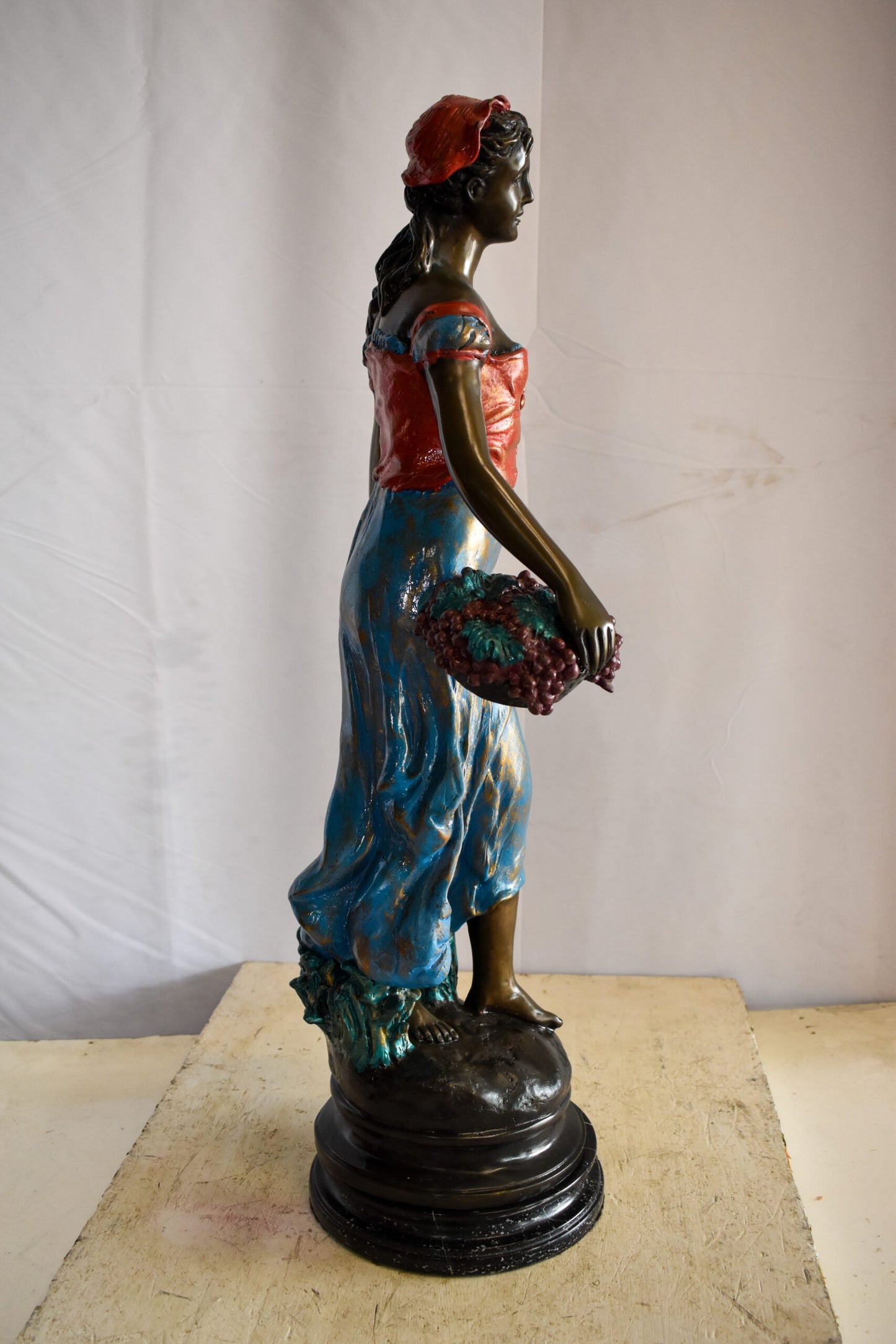 Tranquil Woman Strolling With Fruit Baskets Bronze Statue 13" x 10" x 30"H