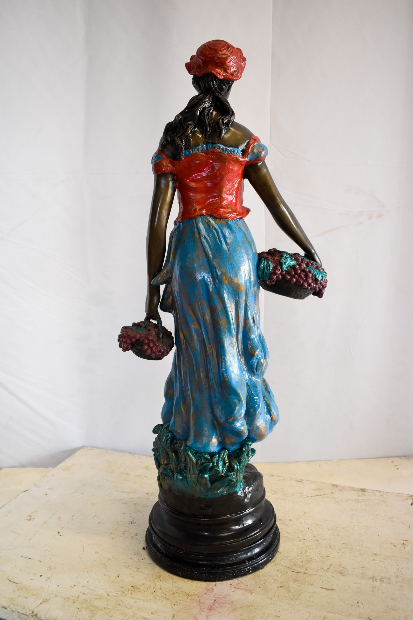 Tranquil Woman Strolling With Fruit Baskets Bronze Statue 13" x 10" x 30"H
