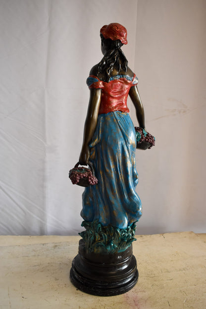 Tranquil Woman Strolling With Fruit Baskets Bronze Statue 13" x 10" x 30"H
