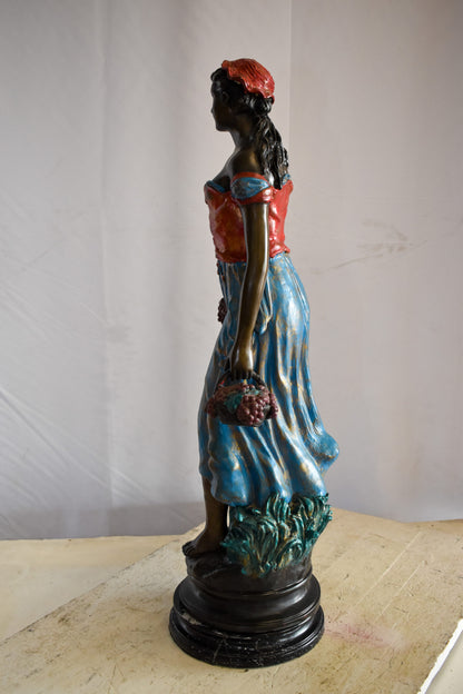 Tranquil Woman Strolling With Fruit Baskets Bronze Statue 13" x 10" x 30"H