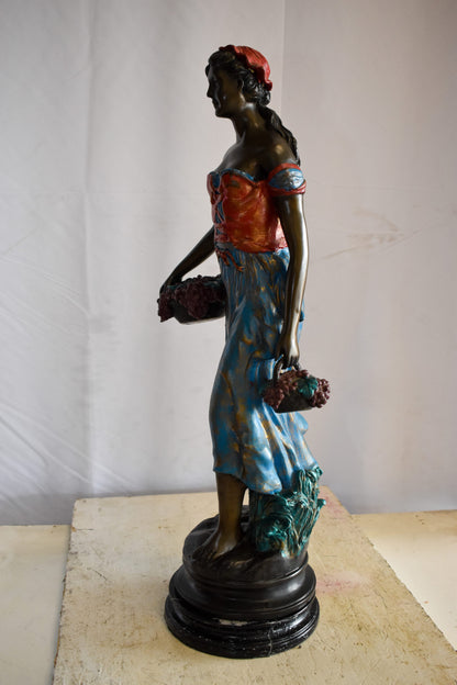 Tranquil Woman Strolling With Fruit Baskets Bronze Statue 13" x 10" x 30"H
