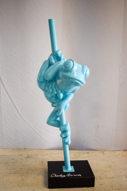 Modern Light Blue Lively Frog on Branch Resin Statue 10" x 8" x 28"H