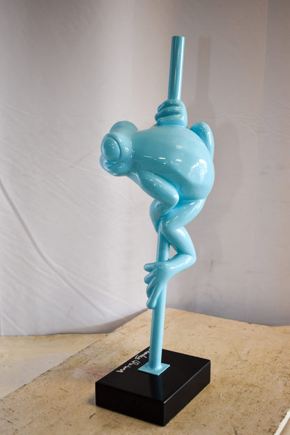 Modern Light Blue Lively Frog on Branch Resin Statue 10" x 8" x 28"H