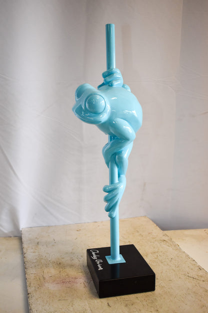 Modern Light Blue Lively Frog on Branch Resin Statue 10" x 8" x 28"H