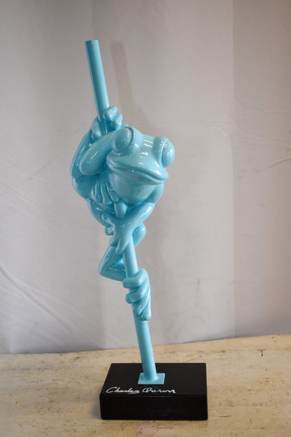 Modern Light Blue Lively Frog on Branch Resin Statue 10" x 8" x 28"H
