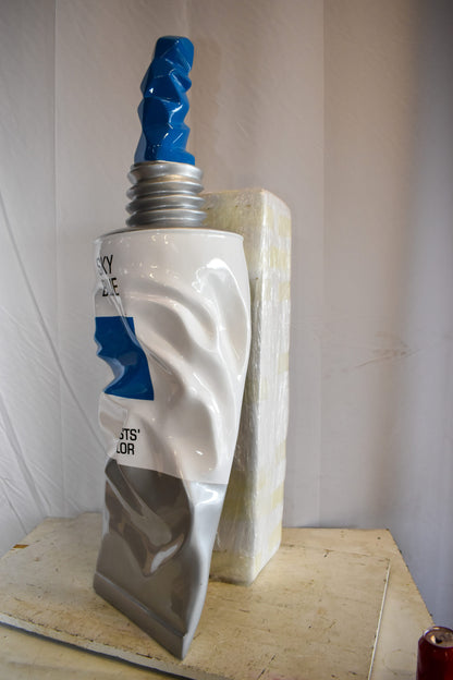 Oversized Wall Mounted Sky Blue Paint Tube Squezed Resin Statue 10" x 12" x 44"H