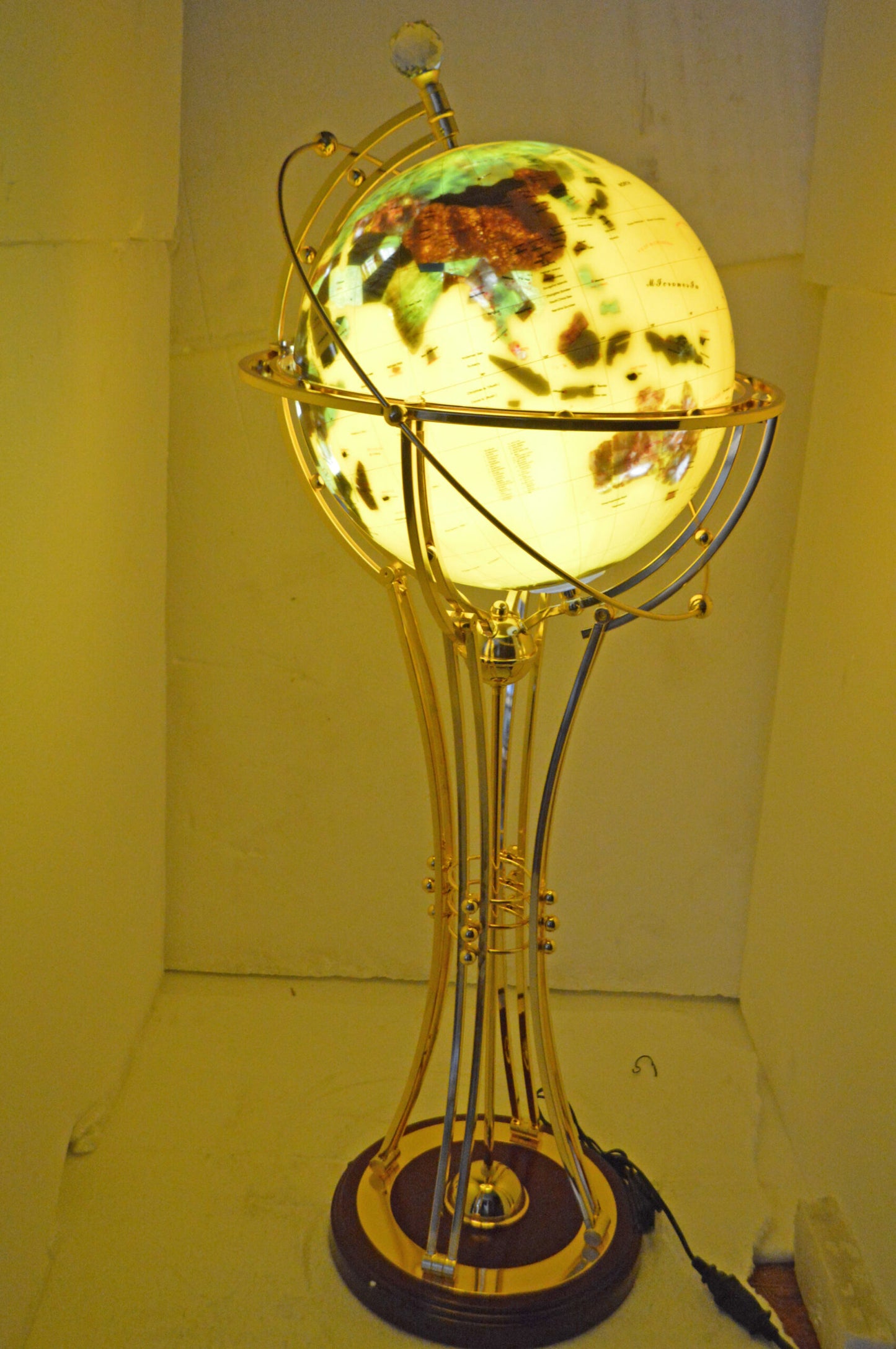 Illuminated Yellow Gold World Globe Rotated by a Motor - Size: 19" x 19" x 42"H