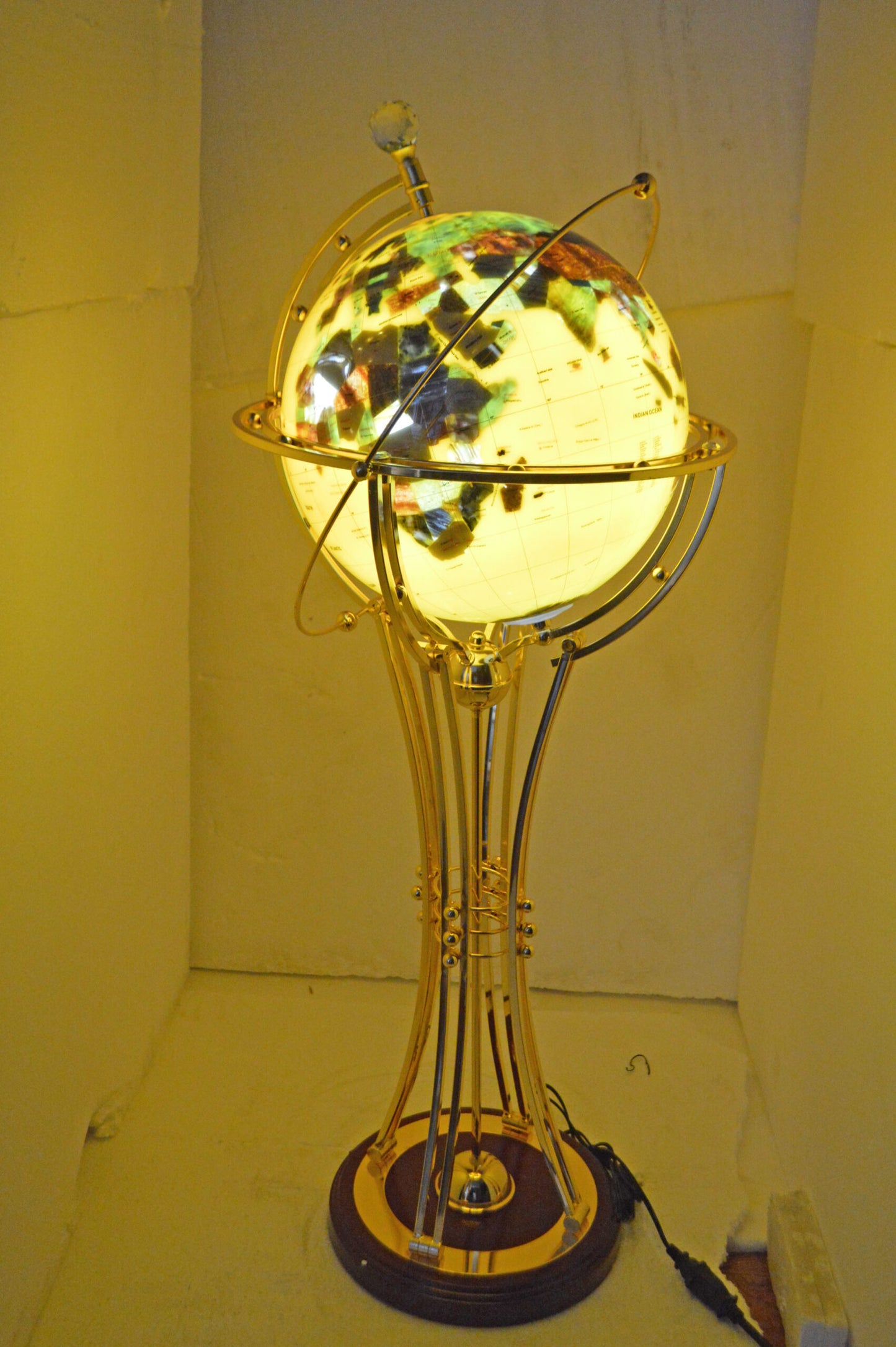 Illuminated Yellow Gold World Globe Rotated by a Motor - Size: 19" x 19" x 42"H