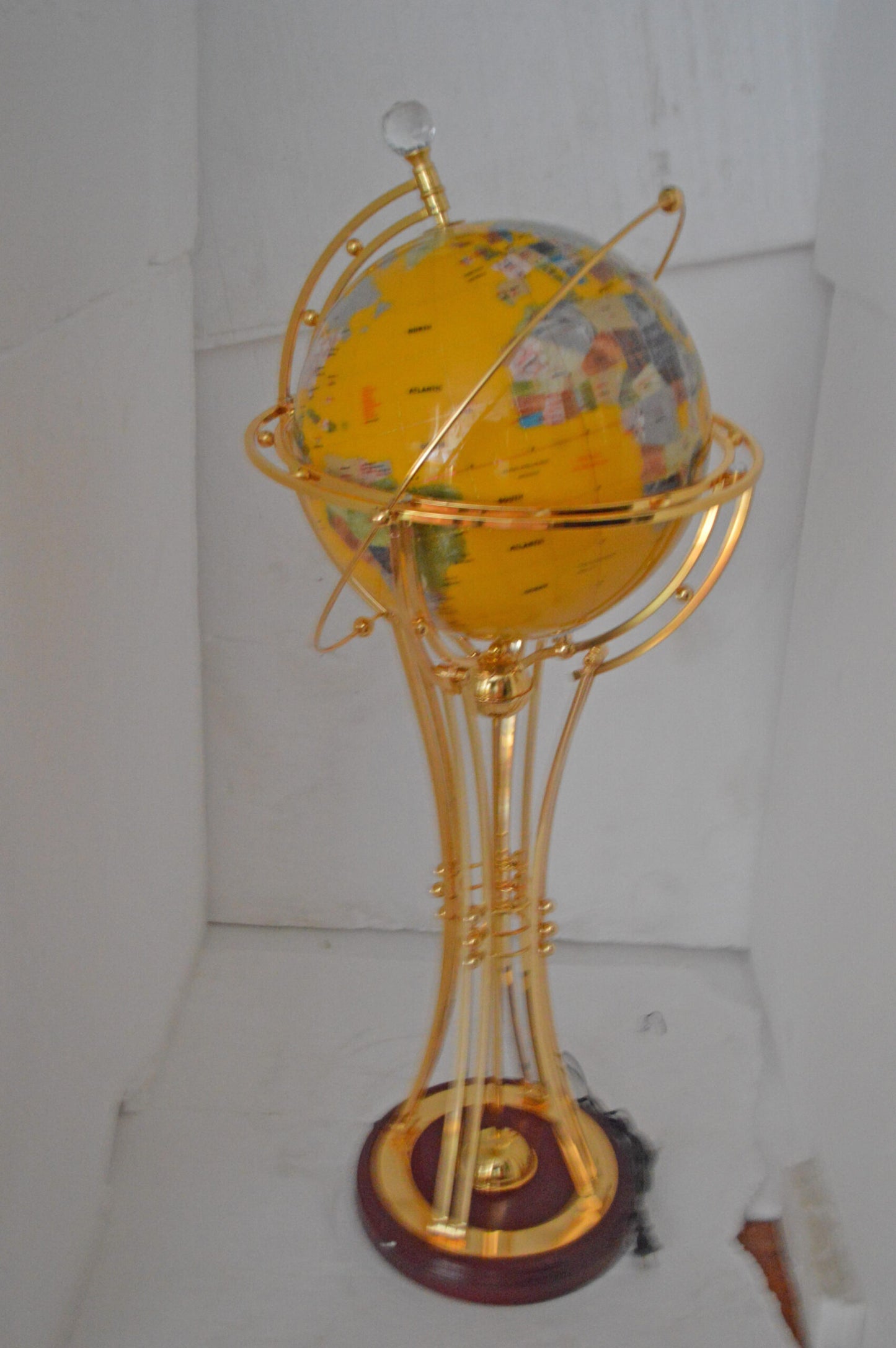 Illuminated Yellow Gold World Globe Rotated by a Motor - Size: 19" x 19" x 42"H