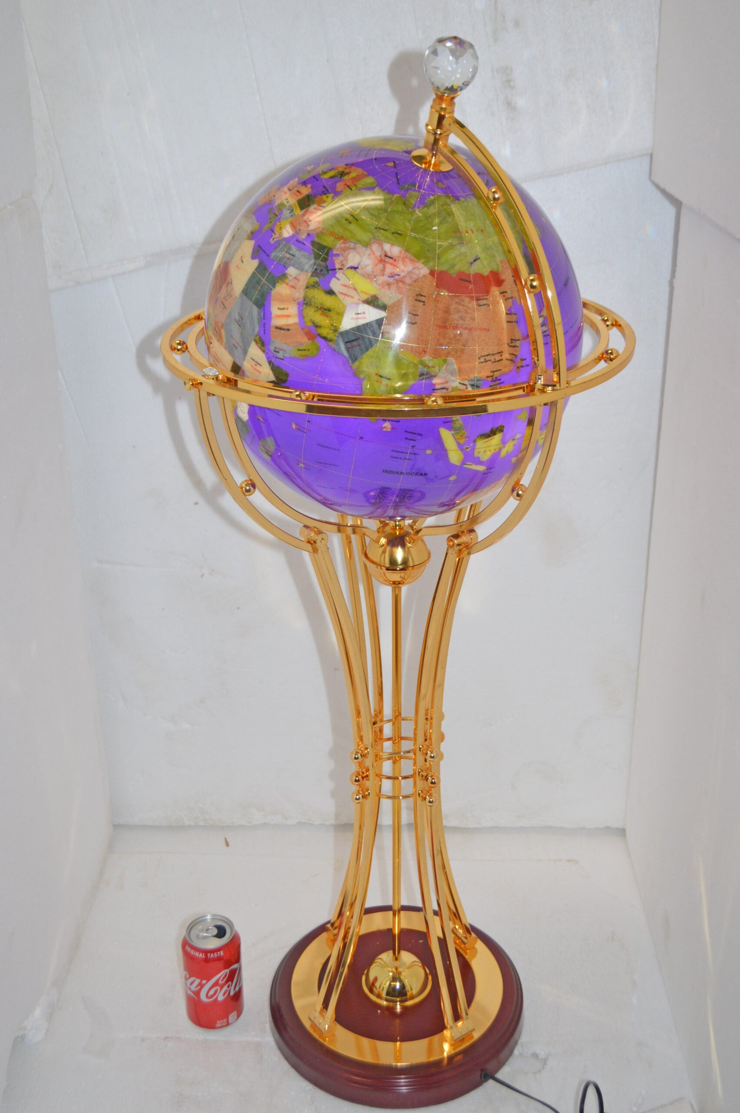 Illuminated Purple - Gold World Globe Rotated by motor - Size: 19" x 19" x 42"H