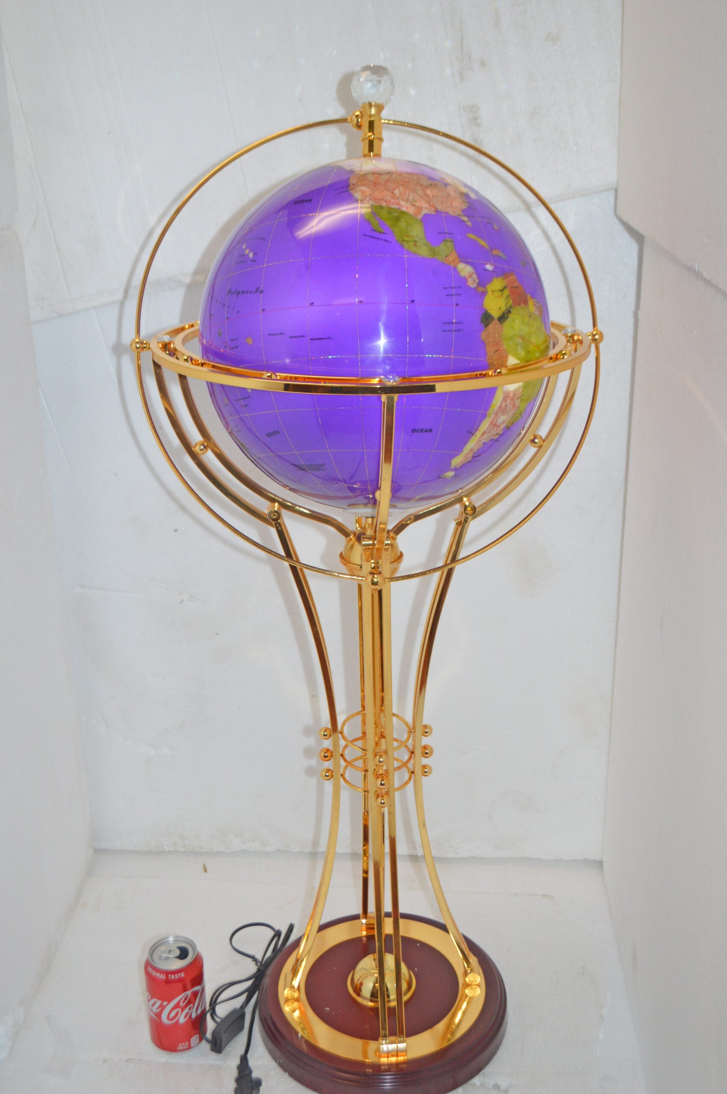 Illuminated Purple - Gold World Globe Rotated by motor - Size: 19" x 19" x 42"H
