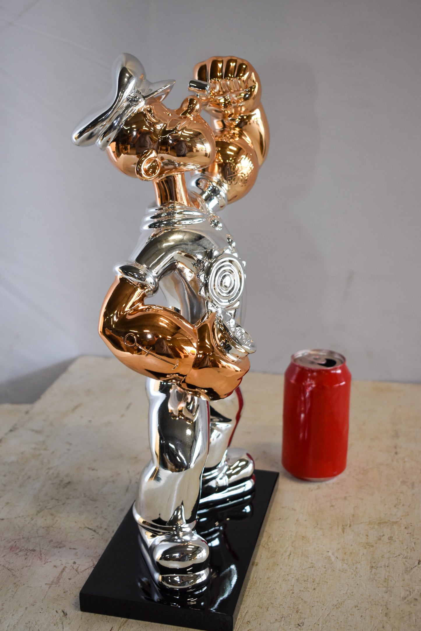 Small Silver Chrome Popeye On Black Base Resin Statue 12" x 5" x 16"H