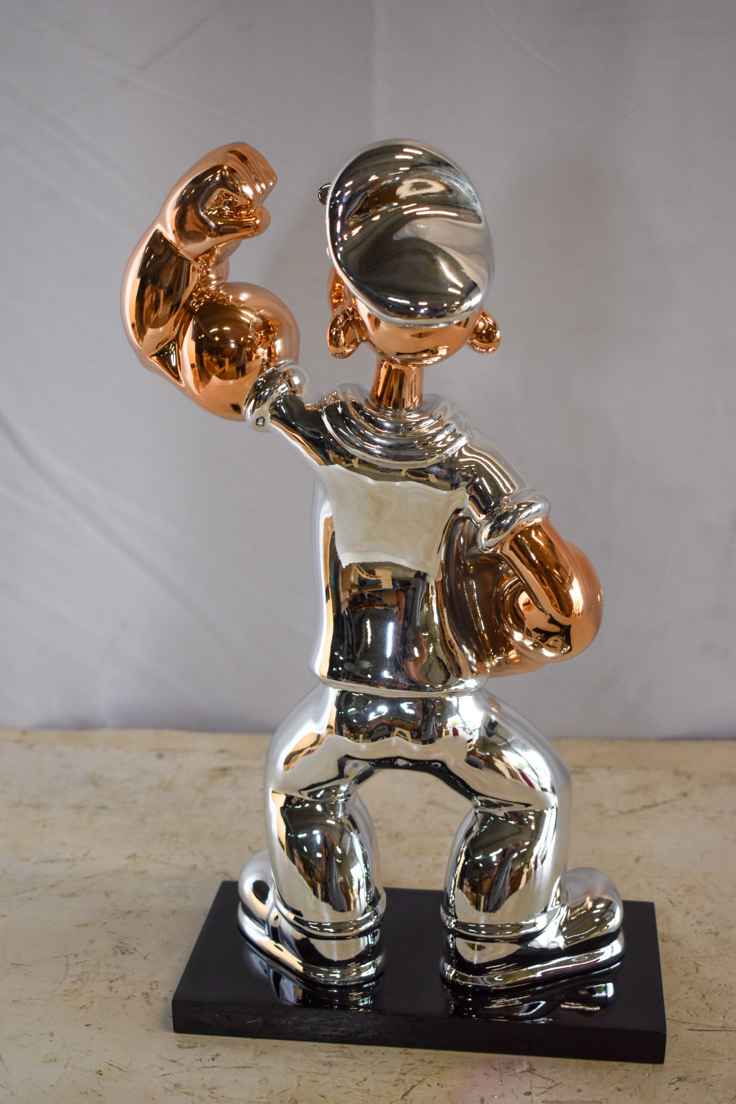 Small Silver Chrome Popeye On Black Base Resin Statue 12" x 5" x 16"H