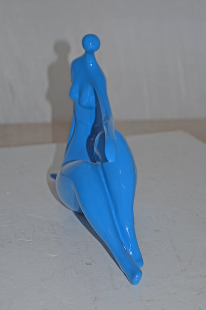 Modern Art Medium Blue Women on the Beach Resin Statue - Size: 14" x 4" x 9"H