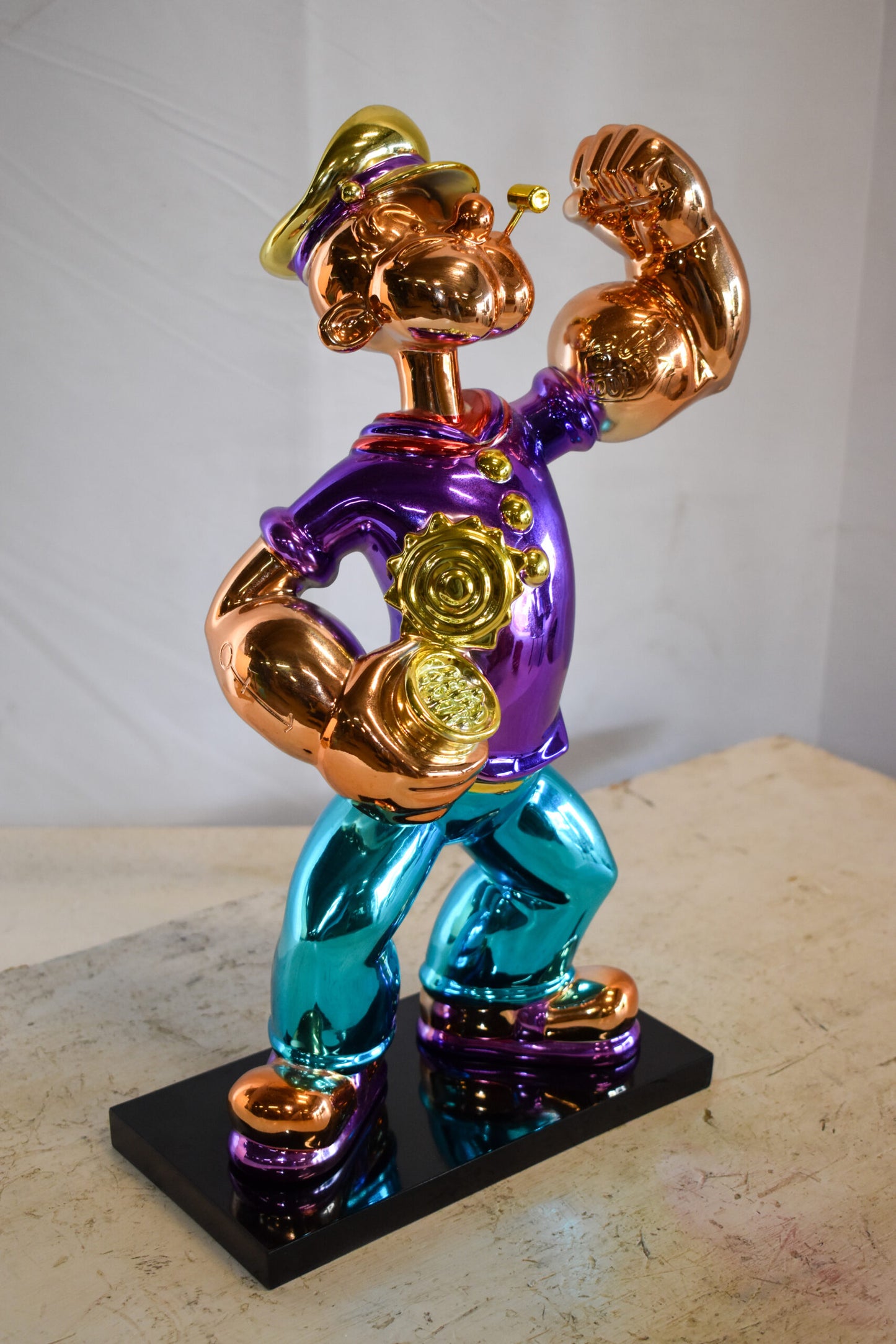 Chrome Popeye Cartoon in Purple Shirt on Black Base Resin Statue 9" x 8" x 16"H