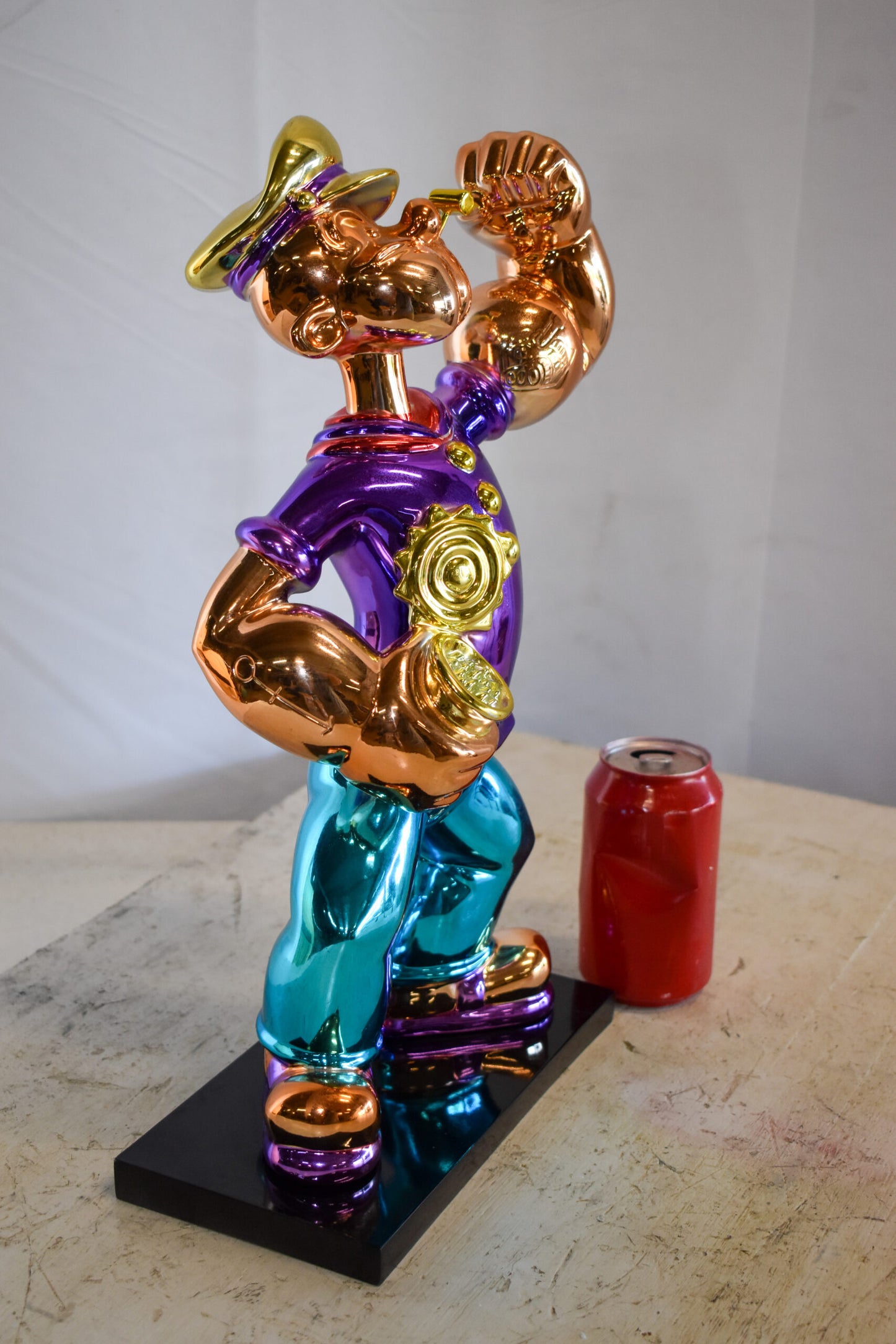 Chrome Popeye Cartoon in Purple Shirt on Black Base Resin Statue 9" x 8" x 16"H